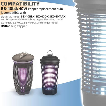 BB-40blk 40W Bug Zapper Light Bulb Compatible with Black Flag Model BZ-40BLK, BZ-40DX, BZ-40MAX, and Stinger Model B4045-4 UVB45 Bug Zapper with 4-Pin Base, 2 Pack