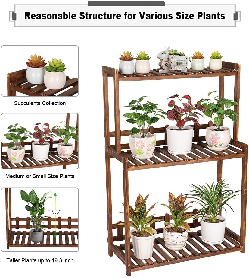 Ufine 3 Tier Wood Plant Stand Vertical Plant Dislay Shelf Indoor Ourdoor Plant Rack, Balcony Living Room, Kitchen, Porch Organizer Plants Holder
