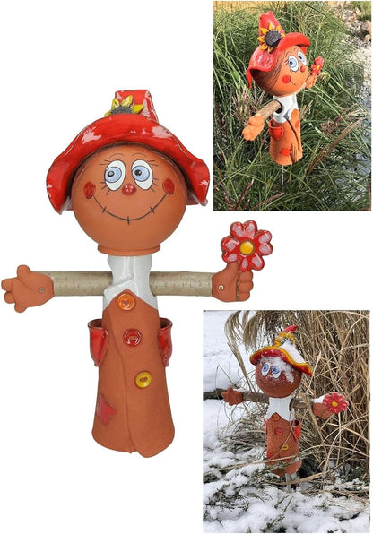 Ceramic Garden Decor - Scarecrow Lawn stake - Outdoor statue - Perfect, unique gifts for gardeners woman, men, yard gifts - Handmade, Frostproof
