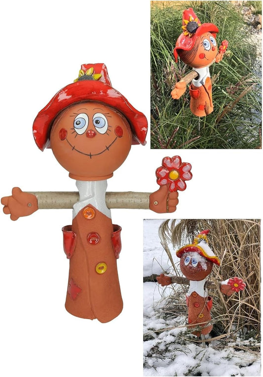Ceramic Garden Decor - Scarecrow Lawn stake - Outdoor statue - Perfect, unique gifts for gardeners woman, men, yard gifts - Handmade, Frostproof