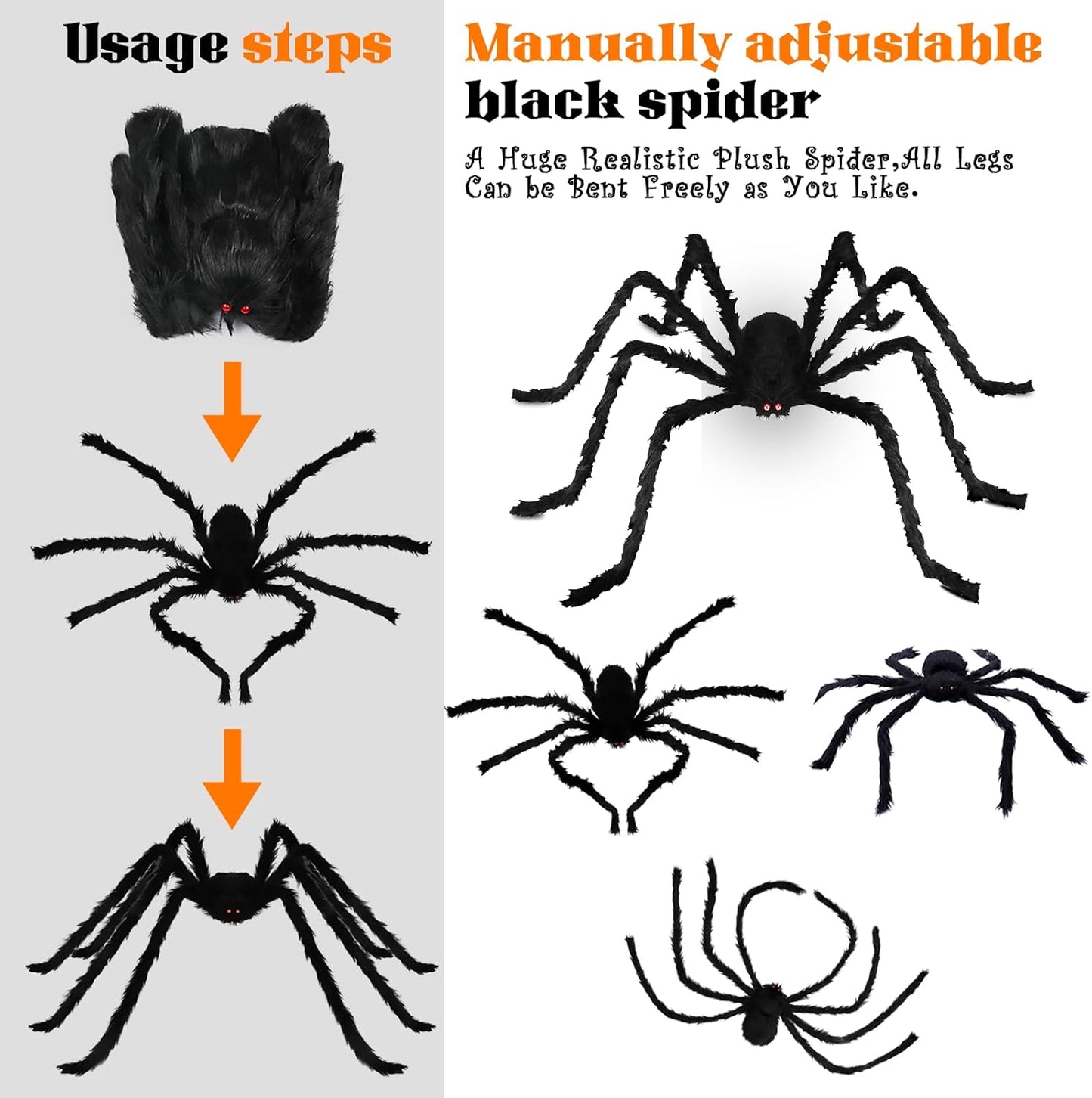 Halloween Giant Spider Decorations: 35/49/79 Inches Large Fake Scary Hairy - 3PCS Huge Plush Toy Props for Indoor Outdoor Creepy Lawn Garden Decor Black