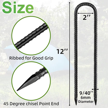 Black Trampoline Stakes Anchors High Wind 12inx6mm Galvanized U Hook 10pcs Rebar Stakes – Heavy Duty Ground Anchors for Trampoline,Yard & Inflatable,Landscape Metal Stakes for Outdoor Decorations