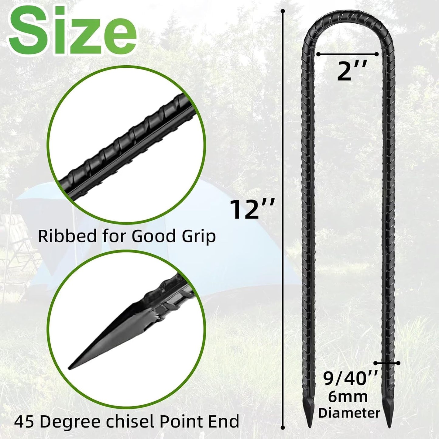 Black Trampoline Stakes Anchors High Wind 12inx6mm Galvanized U Hook 8pcs Rebar Stakes – Heavy Duty Ground Anchors for Trampoline,Yard & Inflatable,Landscape Metal Stakes for Outdoor Decorations