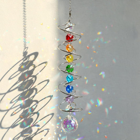 Suncatcher Wind Spinner Gazing Ball Spiral Tail, Crystal Sun Catchers with Seven Chakra Beads