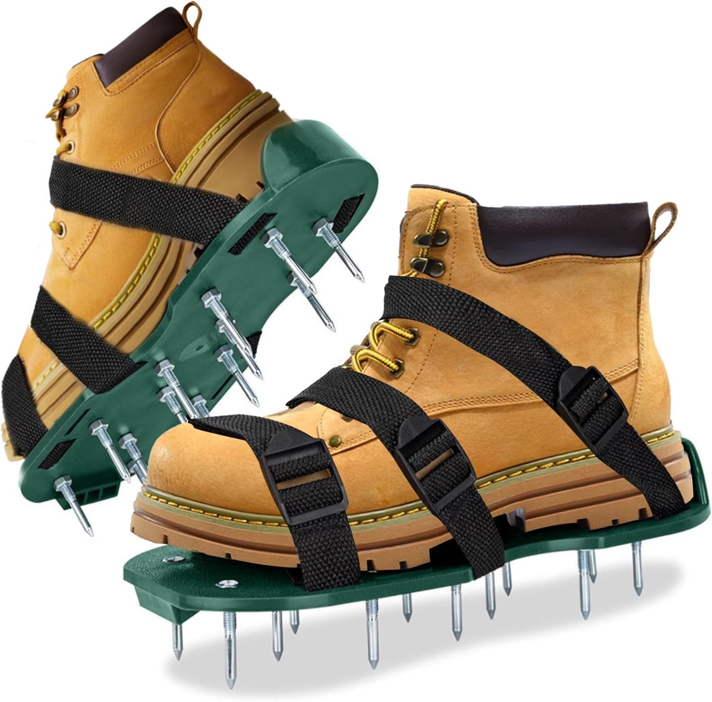 The Lawn Aerator Shoes for Grass, Epoxy Spiked Shoes with 1.65'' Sharp Short Spikes, Garden Grass Loosening Spike Shoes for Epoxy Flooring, 6 - Shoelace Design (Green, 11.8'' x 5.1'')