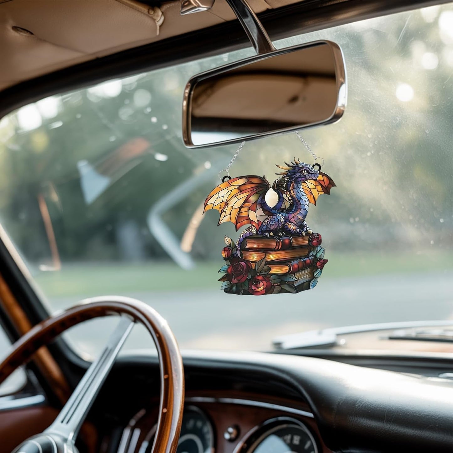 Dragon and Book Bookish Acrylic Suncatcher Stained Glass Effect Window Car Hanging Christmas Ornament Indoor Outdoor Decor Garden Bookworm Sun Catcher Book Lover for Women Mom Grandma