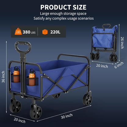 Collapsible Wagon Cart 380Lbs Capacity, Foldable Utility Portable Beach Wagon with All-Terrain Wheels, Adjustable Handle & Drink Holders, Carts with Wheels for Grocery, Camping, Shopping, Garden Cart