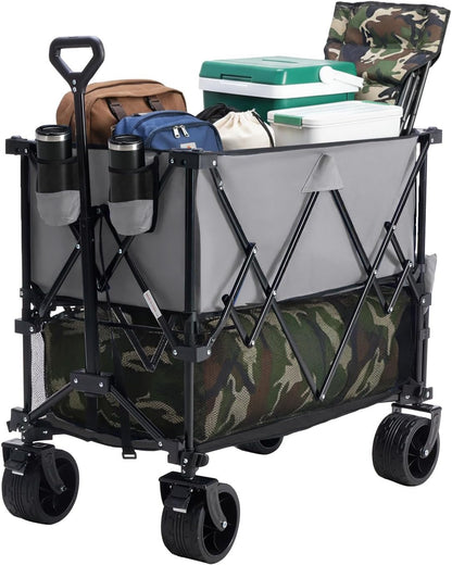 DUMOS Large Capacity Folding Double Decker Wagon with Brakes, 440 lbs Wagons Carts Foldable Wagon Cart with Flexible Handle, All-Terrain Big Wheels for Grocery Sports Garden Camping