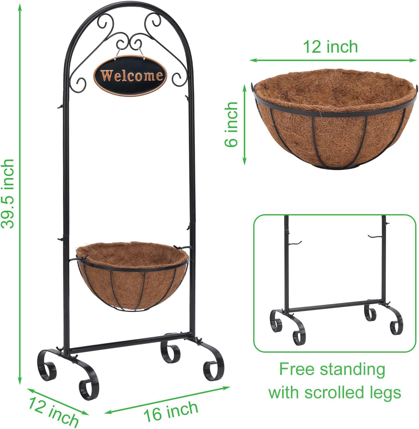Metal Welcome Planter Basket Stand with Coco Liner, 39.5” Hanging Planter Stand with Decorative Welcome Sign Outdoor Decor for Garden, Patio, Deck, Entry and Front Porch