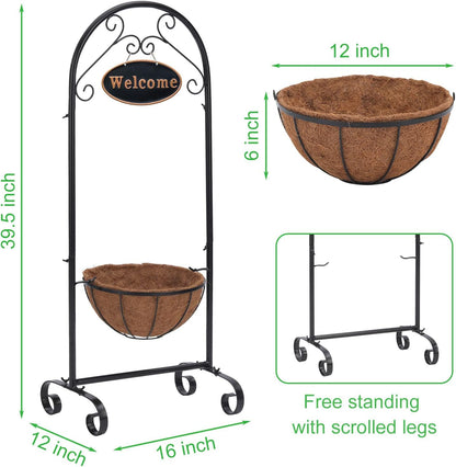 Metal Welcome Planter Basket Stand with Coco Liner, 39.5” Hanging Planter Stand with Decorative Welcome Sign Outdoor Decor for Garden, Patio, Deck, Entry and Front Porch