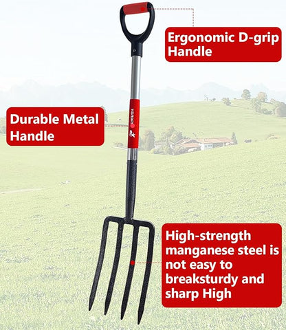 Digging Spading Fork Forged Steel with D Grip Handle 41??Premium 4-Tine Spading Digging Fork Sturdy Metal D-Grip Multi-Purpose Virtually Unbreakable Gardening Tool