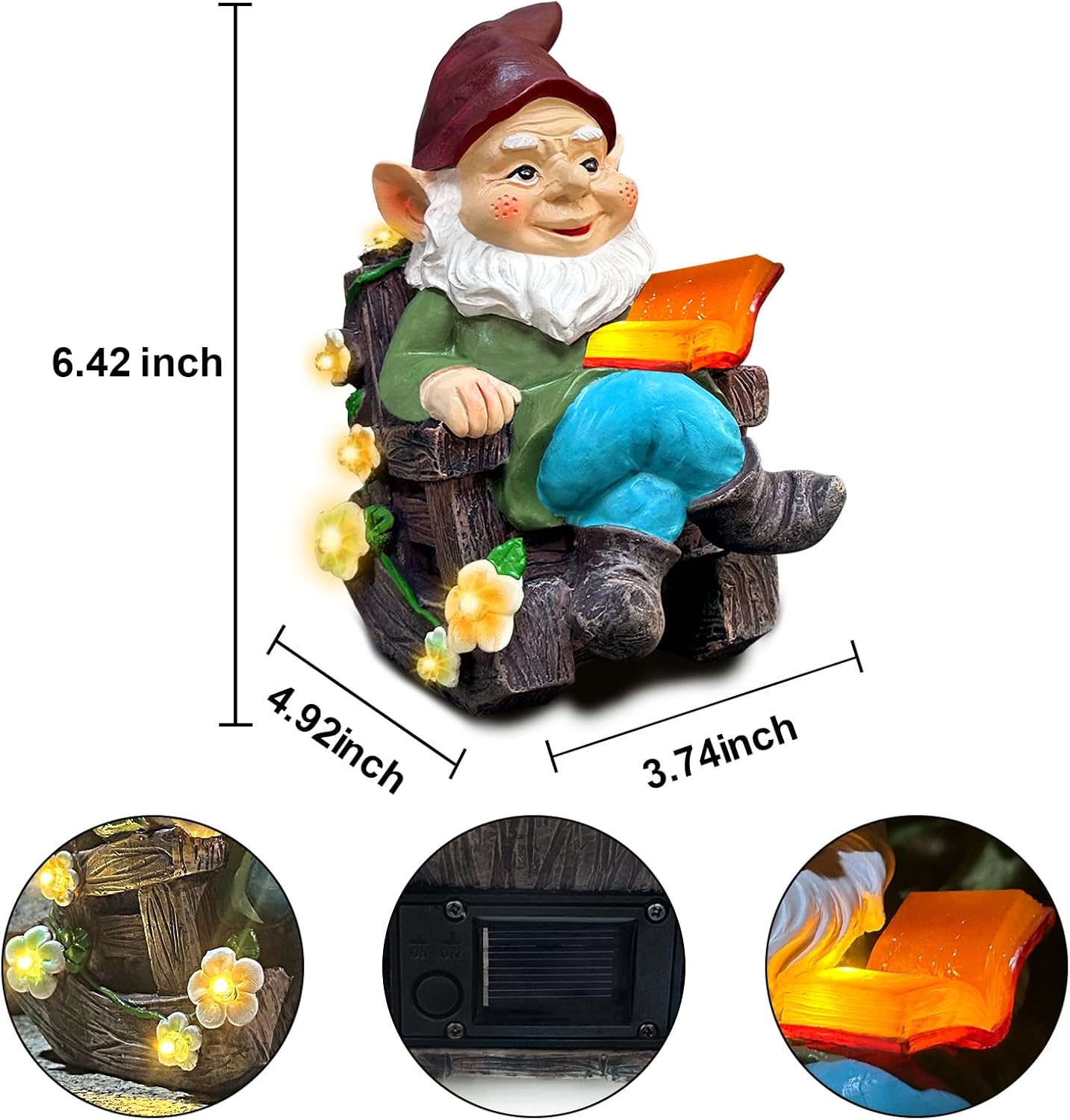 Solar Garden Gnome Statues Outdoor, Fairy Halloween Rocking Chair Gnomes Reading Book Succulents Figurines Lights Yard Art Sculpture Home Decor for Outside Patio Balcony Lawn, Unique Loved One Gifts