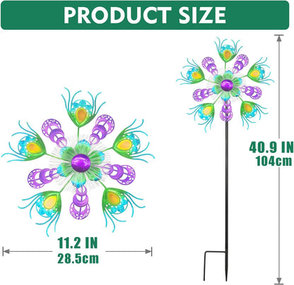 Solar Peacock Wind Spinners for Yard & Garden - 40 Inch Metal Wind Sculpture, Kinetic Windmill with Multi Color LED Lights, Lawn & Patio Art Decor