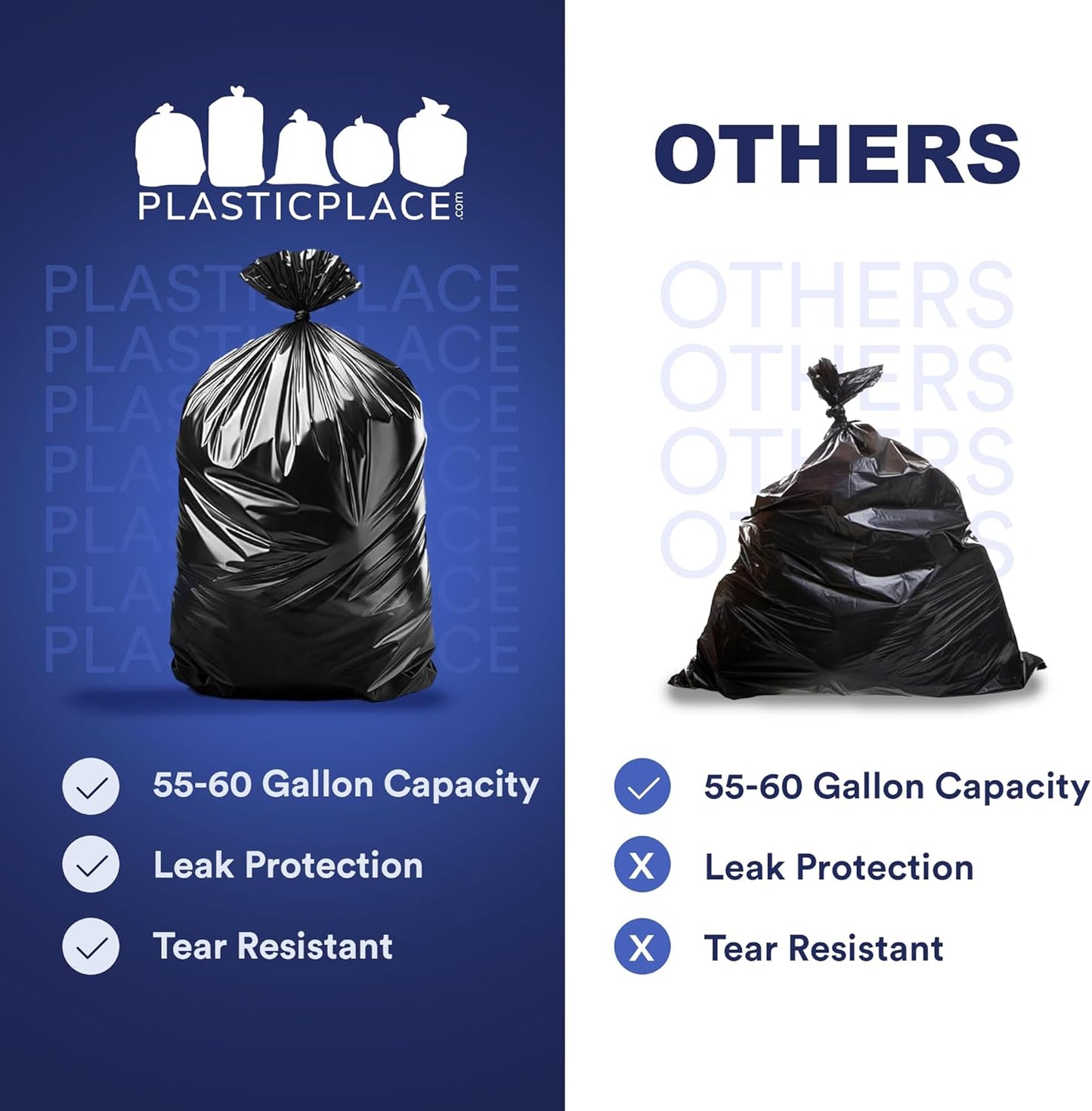 Plasticplace 55-60 Gallon Trash Bags, Heavy Duty Black Garbage Bags, 100 Count for Lawn, Yard, and Outdoor Waste Disposal, Ideal for Industrial Trash Cans, Contractors, and Home Improvement Projects