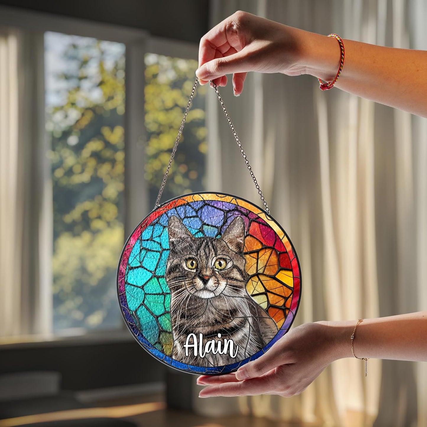 Personalized Pet Stained Glass Suncatcher Custom Name Pet Photo Ornament Window Hanging Home Decor Sympathy Gift for Loss of Pet Dog Cat Memorial Keepsake Remembrance Gift for Dog Lovers