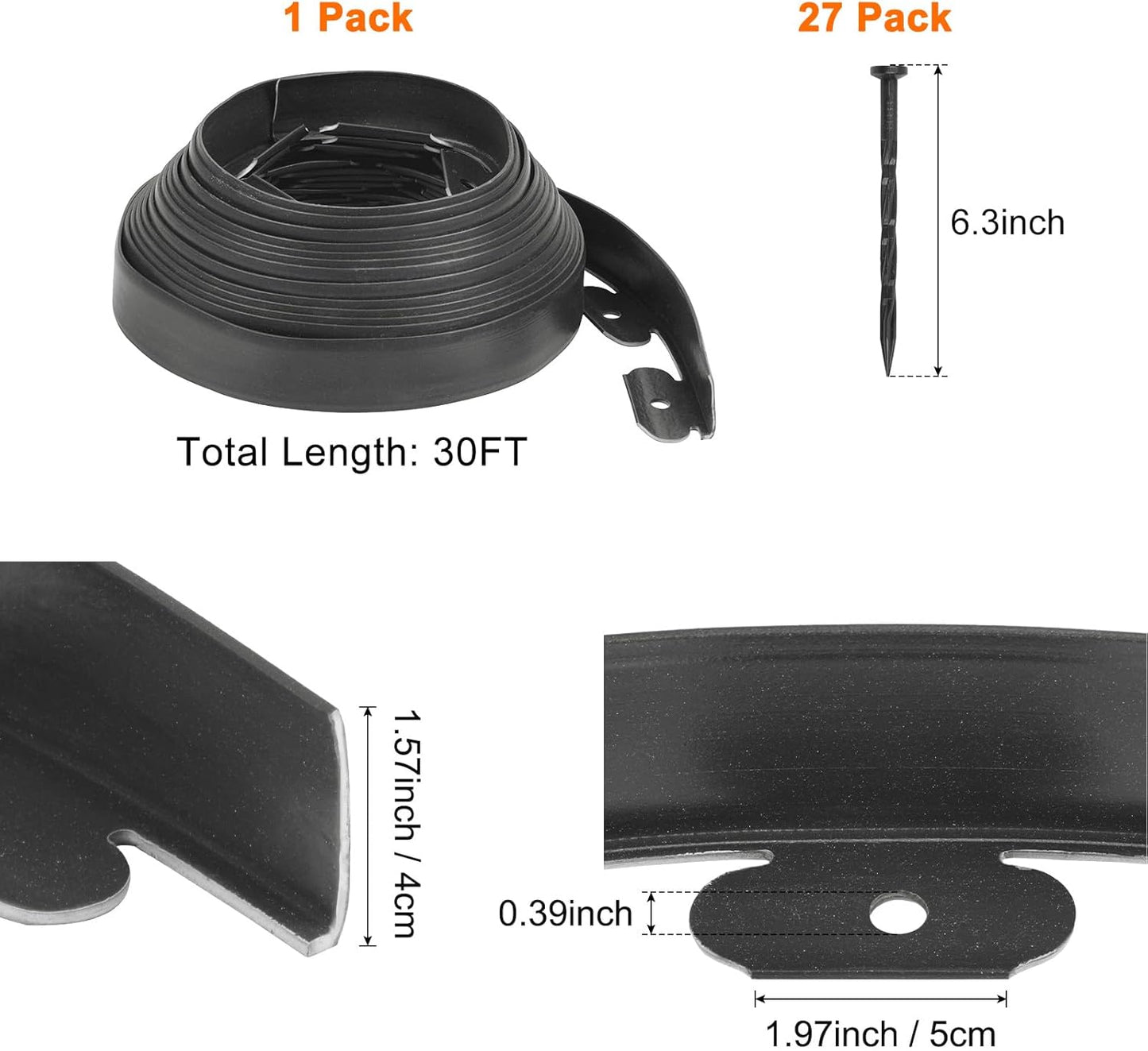 Garden Edging - 30 Feet Plastic Landscaping Edging Border with 27 Pack Spikes Apply to Flower Beds/Grass Lawn/Yard (1.57Inches Tall, Black)