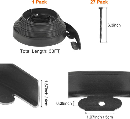 Garden Edging - 30 Feet Plastic Landscaping Edging Border with 27 Pack Spikes Apply to Flower Beds/Grass Lawn/Yard (1.57Inches Tall, Black)