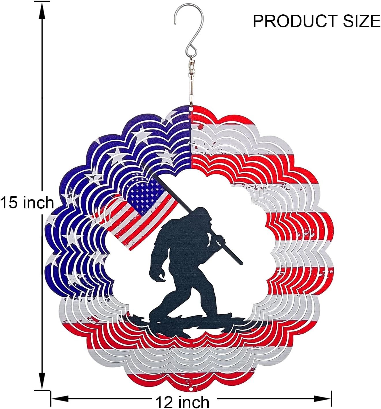 3D Patriotic Bigfoot Wind Spinner Decor - 12 Inch Metal Garden Art, Rust-Proof Outdoor Hanging Decorations, Patriotic American Flag Design, for Outdoor Lovers (Bigfoot)