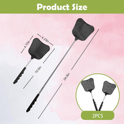 Fly Swatter Heavy Duty Set, with Durable Telescopic Stainless Steel Extendable Handles, for Home, Classroom, Indoor Outdoor Office, 2Pcs, Black