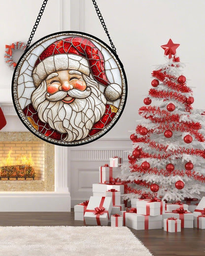 Stained Glass Window Hanging - Red White Santa Claus Suncatcher for Doors Home Christmas Decoration Winter Sun Catcher Thanksgiving New Year Birthday Gifts for Women Men Mom Nana Girl 7.8 in