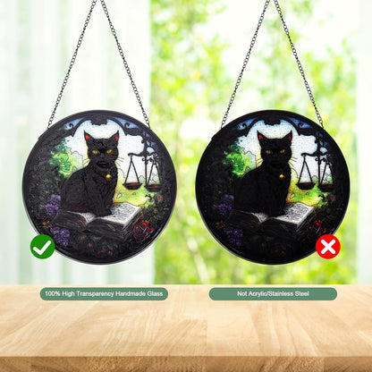 Black Cat Handmade Stained Glass Window Hanging Suncatcher with Chain - 7.9" Outdoor/Indoor Art Decor for Home Garden, Wedding, Mother's, Valentine's & Christmas Ornaments Present