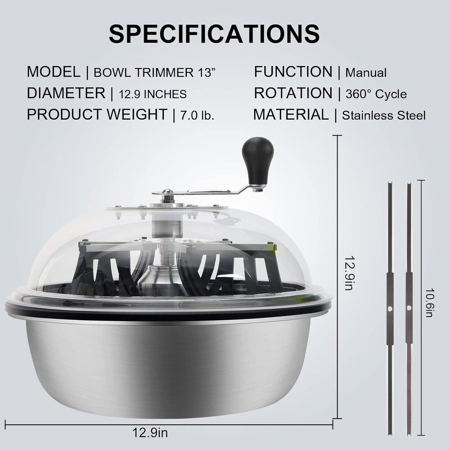 MELONFARM 13 in Bud Leaf Bowl Trimmer, Bowl Trimmer with Switchable Stainless Steel Blades & Clear Visibility Dome, Hand Twist Spin Cutting Bud Trimmer for Buds, Flowers, Hydroponics Plants