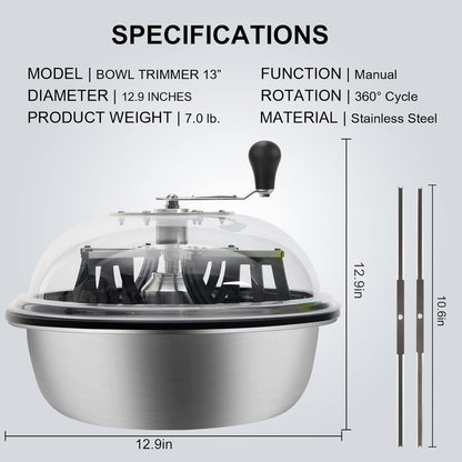 MELONFARM 13 in Bud Leaf Bowl Trimmer, Bowl Trimmer with Switchable Stainless Steel Blades & Clear Visibility Dome, Hand Twist Spin Cutting Bud Trimmer for Buds, Flowers, Hydroponics Plants