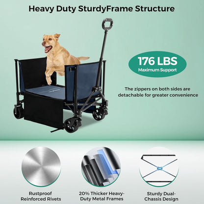 SUNNYFEEL Wagon Cart Foldable, Standard Borderless Version Collapsible Wagon with 220 LBS Max Load, Up to120L Foldable Grocery Cart with Side Opened for Groceries, Garden & Camping,Blue
