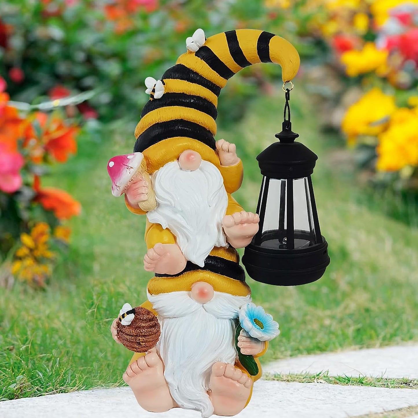 Garden Gnomes Outdoor Statue Solar Bee Garden Gnomes with Led Lantern Outdoor Decor for Yard,Patio,Lawn,Gnome Gifts for Women,Mom,Gnomes Decorations for Yard