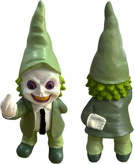 Halloween Decor Funny Garden Gnomes, Middle Finger Gifts Statue Horror Movie Gnome Creepy Outdoor Decor for Haunted House Lawn Table Decoration (5.5in, Green)