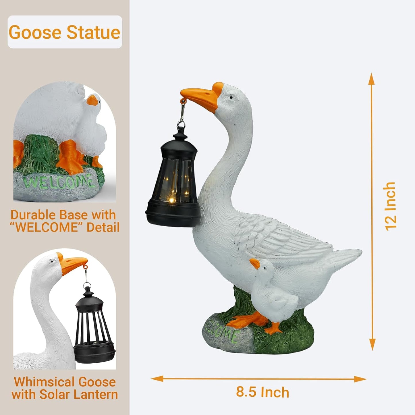 Solar Porch Goose Statue, Outdoor Goose Decor with Lantern for Yard Lawn Patio Balcony, Birthday Christmas Housewarming Gifts for Mom, Grandma, Women,12 Inch,Resin