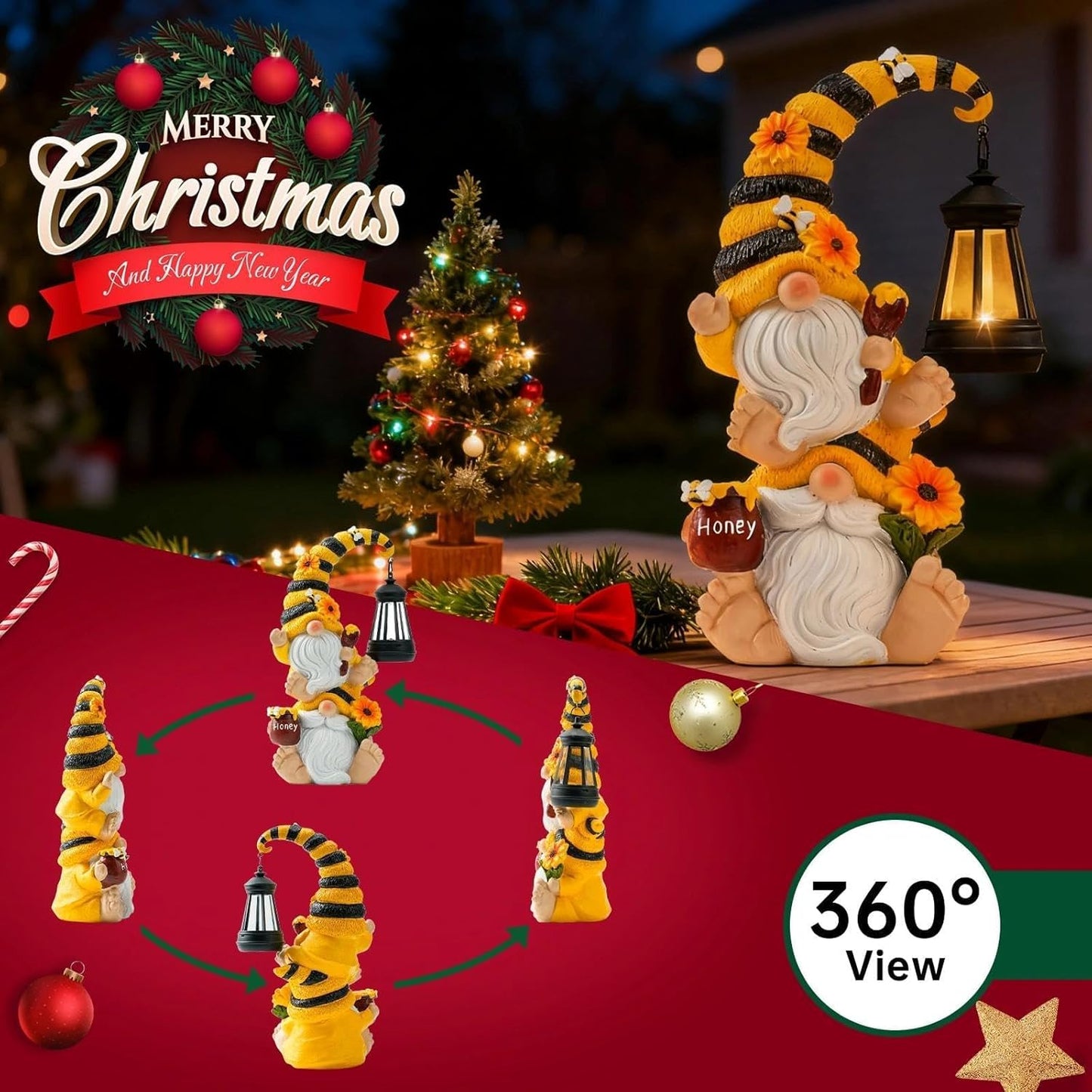 Solar Bee Garden Gnomes with LED Lantern – Waterproof Stacked Outdoor Decor for Yard, Patio – Unique Gnome Gift for Women, Mom, Grandma (Christmas Decor, Outdoor Statues)