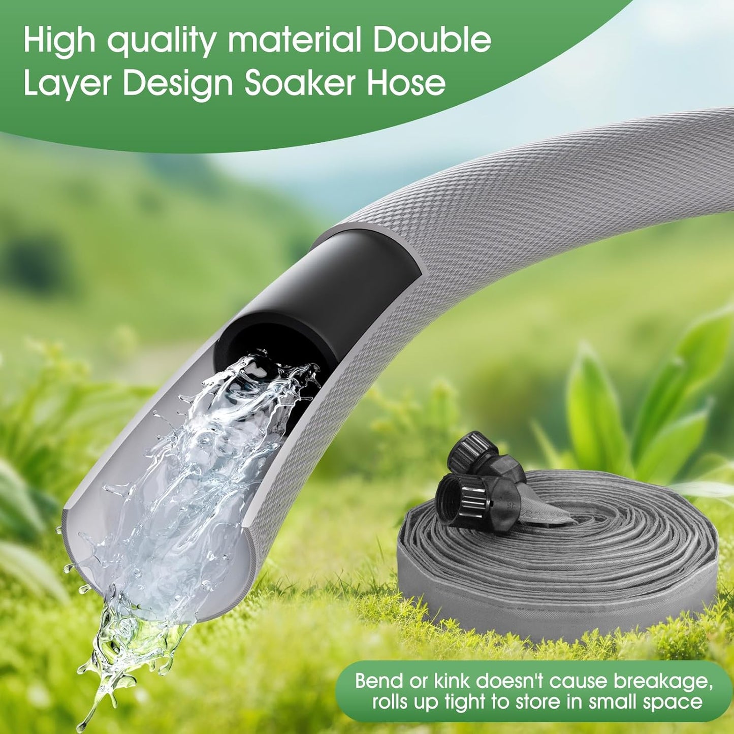 Flat Soaker Hose 50 FT*2Pack for Garden Beds, Linkable Drip Irrigation Hose, Double-Layer PVC, Leakproof & Kink-Resistant, Even Seepage Saves up to 80% Water