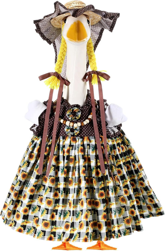 Fall Thanksgiving Goose Outfit Sunflower Porch Goose Costume with Hat Necklace for 23 Autumn Patio Yard Lawn Decor(Plaid Sunflower)