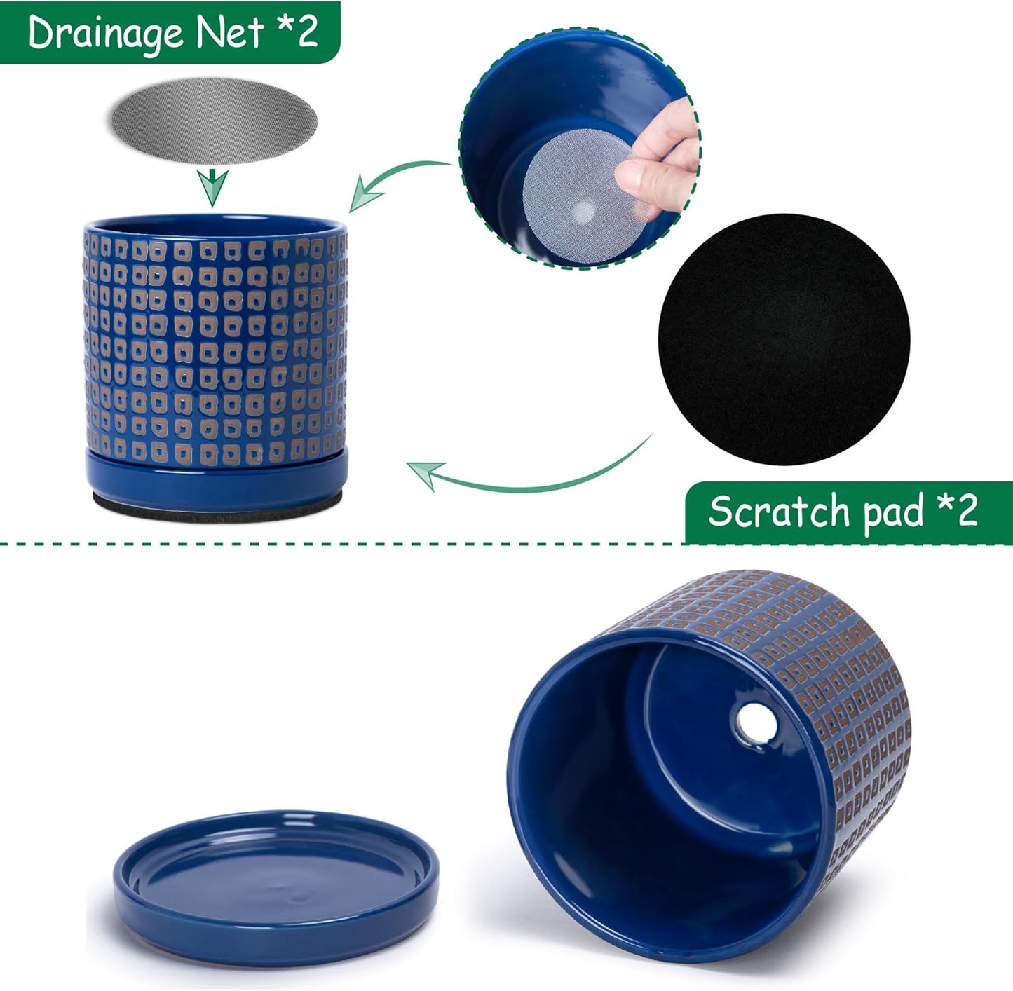 D'vine Dev Set of 2 Ceramic Planter Pots with Drainage Hole and Saucer, 6 Inch Plant Pots for Plants Indoor Houseplants, Blue, 99-Z-A-6-Y
