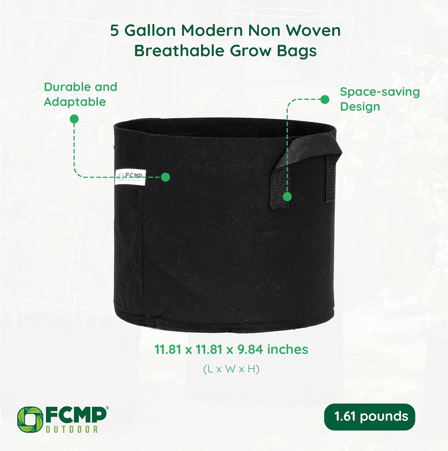 FCMP Outdoor 5-Gallon Modern Lightweight Non-Woven Insulating Fabric Breathable Grow Bags for Indoor or Outdoor Gardening, Black (5 Pack)