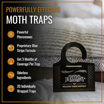 Dr. Killigan's Premium Double Potent Clothing Moth Traps with Pheromones Prime - Organic Trap with Lure for Clothes Closets & Carpet - Case Making & Web Spinning Moth Prevention (20 Pack, Black)