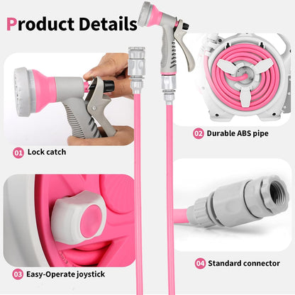 Kitness Mini Retractable Garden Hose Reel, Portable Simple Home 45+5 FT Hose Reel with 7 Adjustable Patterns Spray Nozzle&Standard Connector, Watering Hose Reel for Gardens Yards and lawns (Rose red)