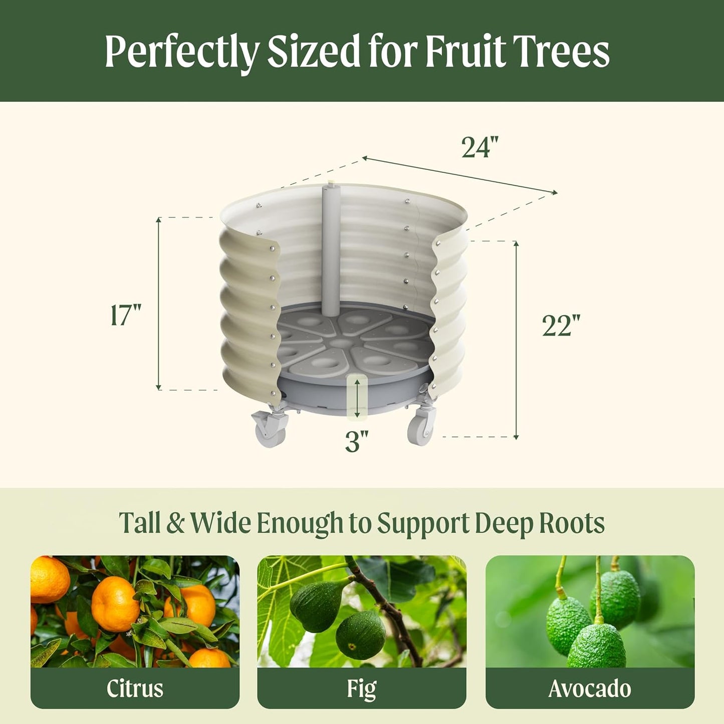 Rolling Metal Citrus Tree Planter, Self-Watering Round Planter Box for Porch Patio & Backyard, Raised Garden Bed with Wheels for Growing Trees Tomatoes Vegetables and Flowers, Twin Pack-Pearl White