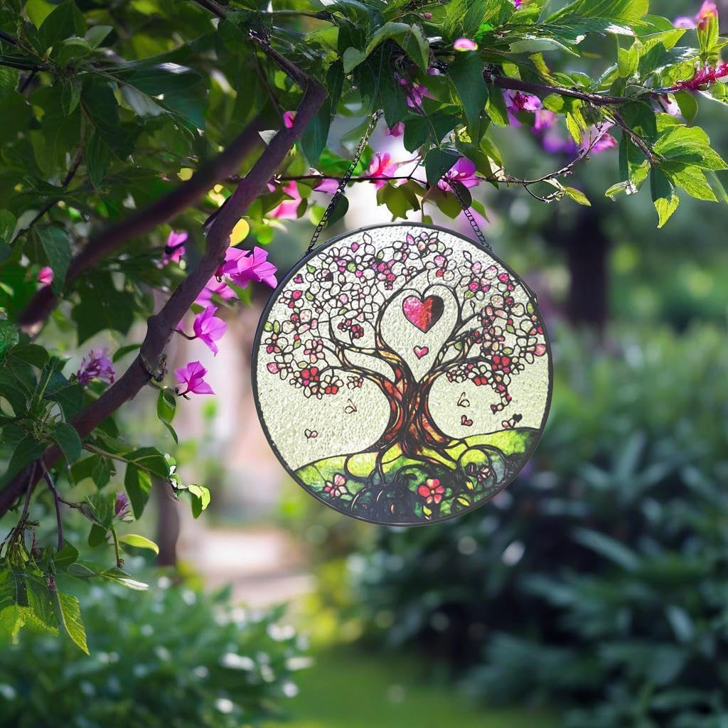 Stained Glass Sun Catcher Window Hanging - Luyseyha 8 Inch Tree of Life Design, Handmade Decor for Home, Garden, Office, Birthday