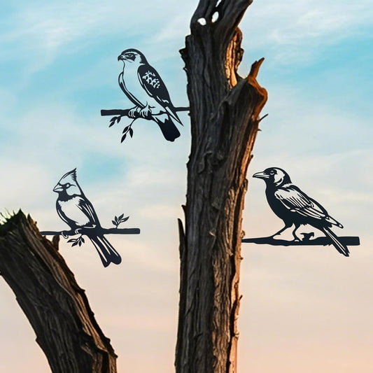 3pcs Black Metal Art Bird Ornaments for PatioTree, Country Farmhouse Style Outdoor Art, Metal Yard Art Outdoor and Garden Decorations,(Includes Cardinal & Raven & Hawk)