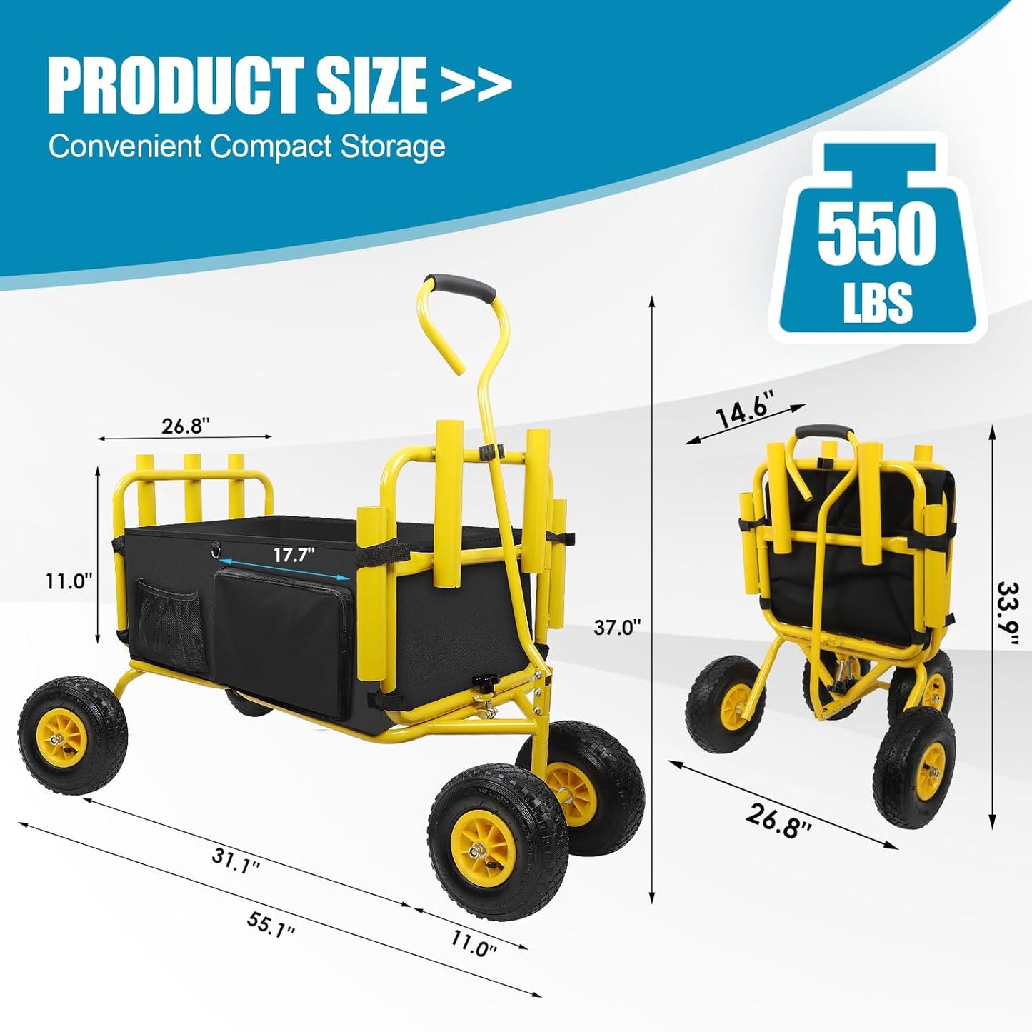 Fishing Cart,Beach Wagon Trolley Cart with 11'' All-Terrain Wheels for Sand,Heavy Duty Garden Cart with Rod Holders,Umbrella Holder and Durable Collapsible Wagon