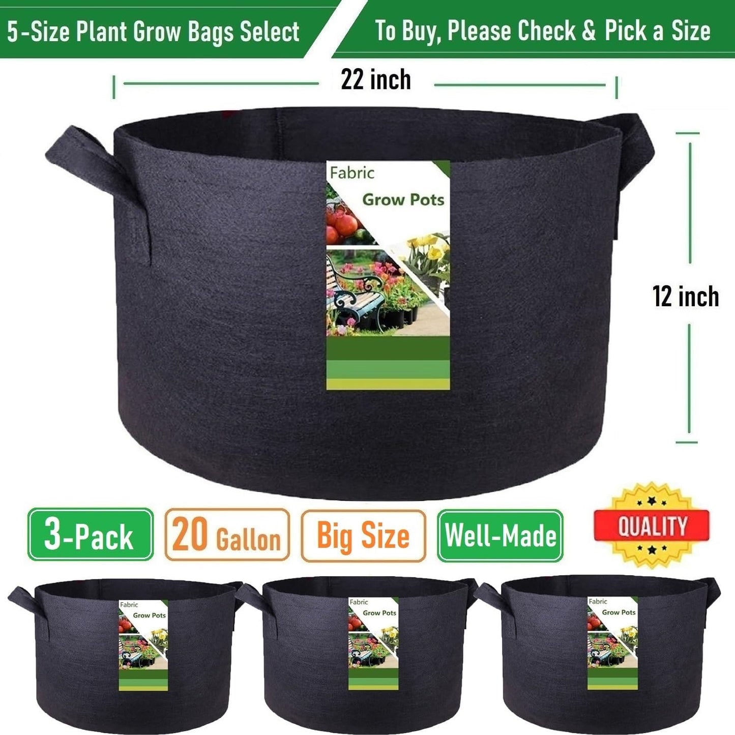 3-Pack 20 Gallon Thickened Plant Grow Bags Large (22x12 in) Heavy Duty Garden Bag Fabric Plant Pots for Tomato,Potato Planter,Flower Pots,Herbs Veggies Planting,Barrel Planter,Yard Waste Bag,Leaf Bags