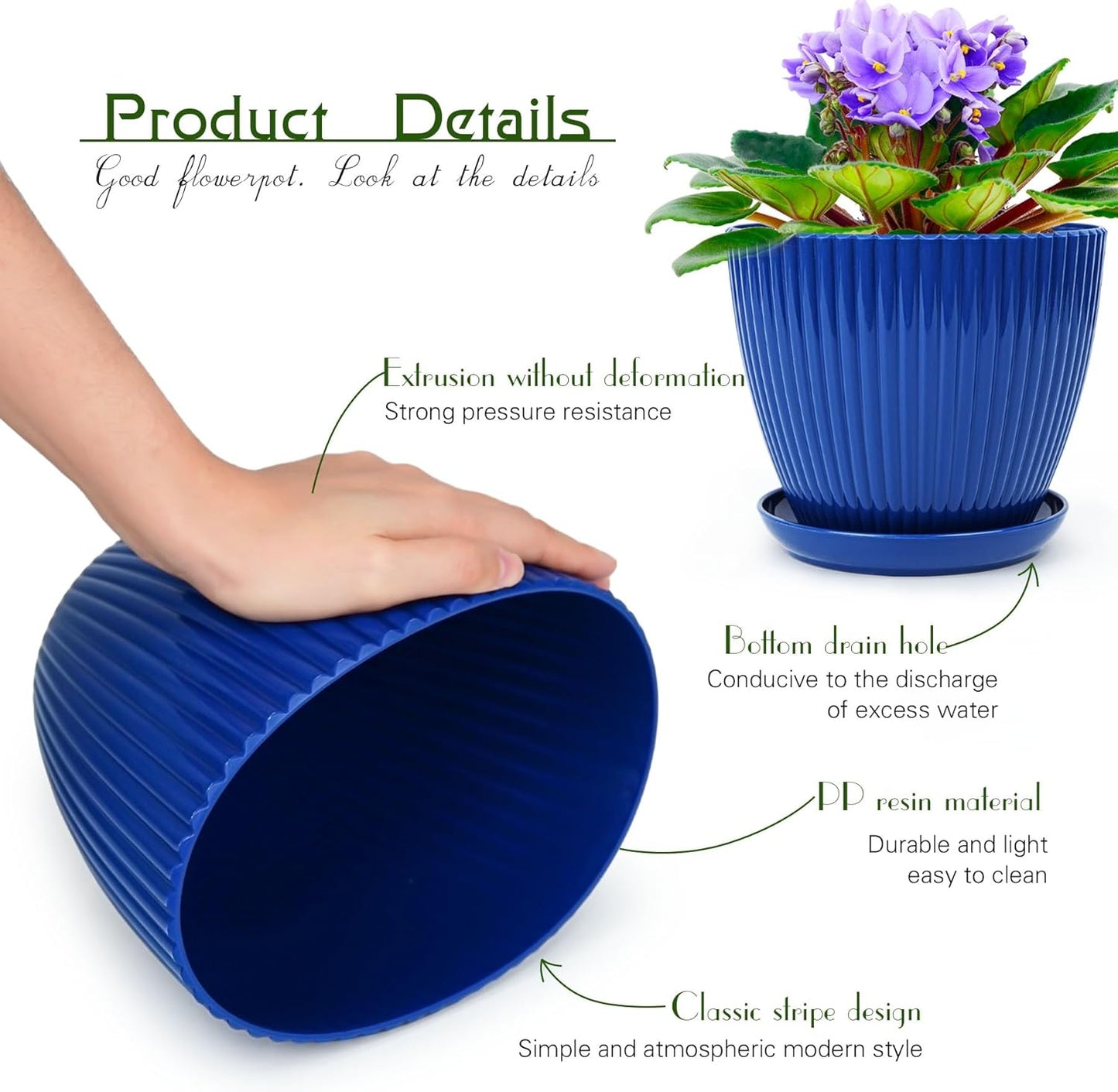 6pcs Plastic Flower Pots, 7.5/6.6/5.8/5.0/4.3/3.5 inches, Indoor/Outdoor Home Decoration, Thick and Durable, with Drainage Holes and Trays