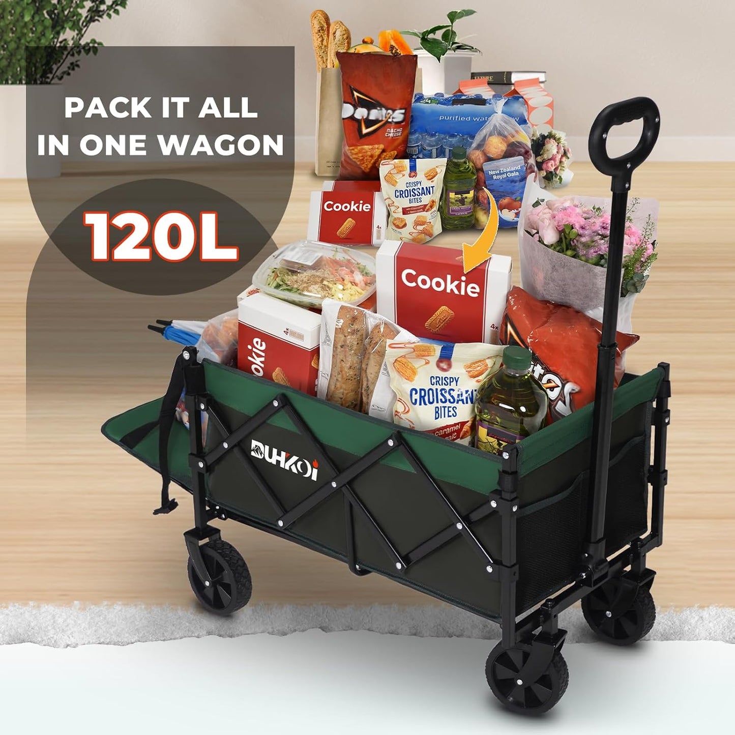 Collapsible Tailgate Wagon with Wheels, Compact Size Folding Utility Cart, 380LBS Capacity for Garden, Grocery, Beach, Camping – Portable Heavy Duty Cart(Army Green)