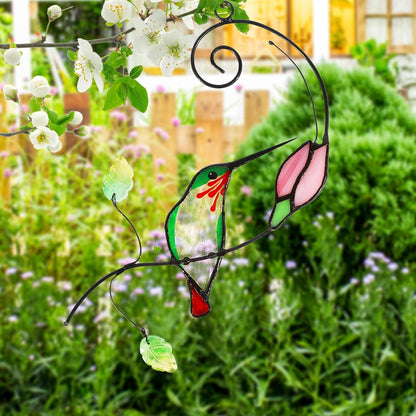Handmade Stained Glass Hummingbird Suncatcher, Window Hanging Ornament with Flower Design, Indoor Outdoor Garden Decor