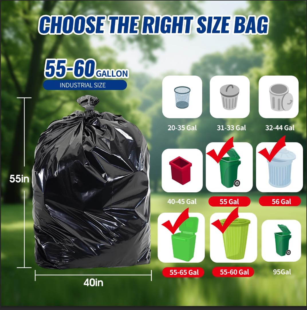 20 Count 55-60 Gallon Trash Bags, Tear-Free Large Black Garbage Bags for Kitchen, Office, Outdoor, Commercial Use, Lawn and Leaf Bags, Lightweight 17 Micron Design for Daily Dry Waste