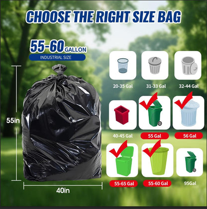 20 Count 55-60 Gallon Trash Bags, Tear-Free Large Black Garbage Bags for Kitchen, Office, Outdoor, Commercial Use, Lawn and Leaf Bags, Lightweight 17 Micron Design for Daily Dry Waste