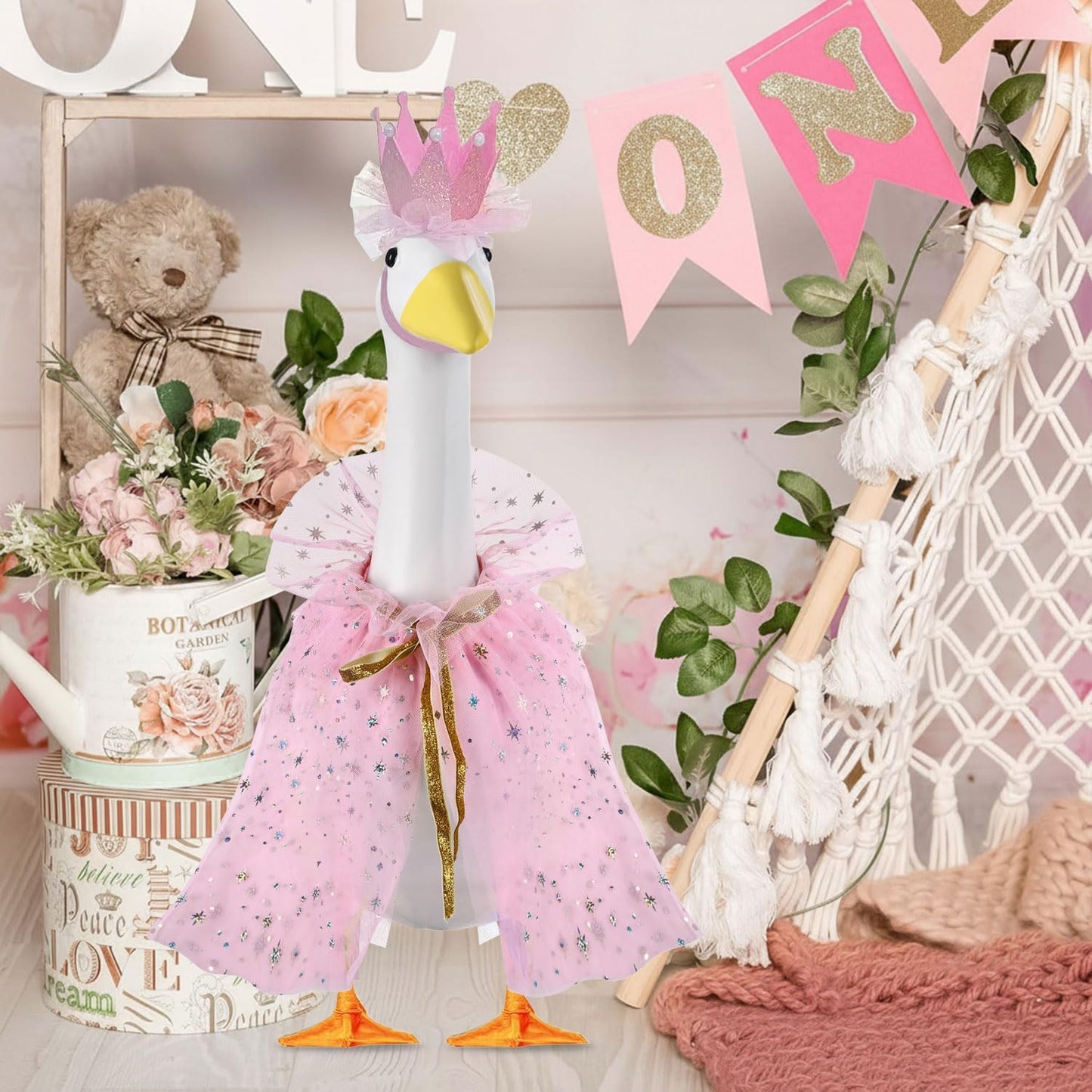 Birthday Porch Goose Outfits for 23" 17" Cement Plastic Lawn Goose Happy Birthday Hat and Cape for Outdoor Yard Garden Art Decor (Pink)