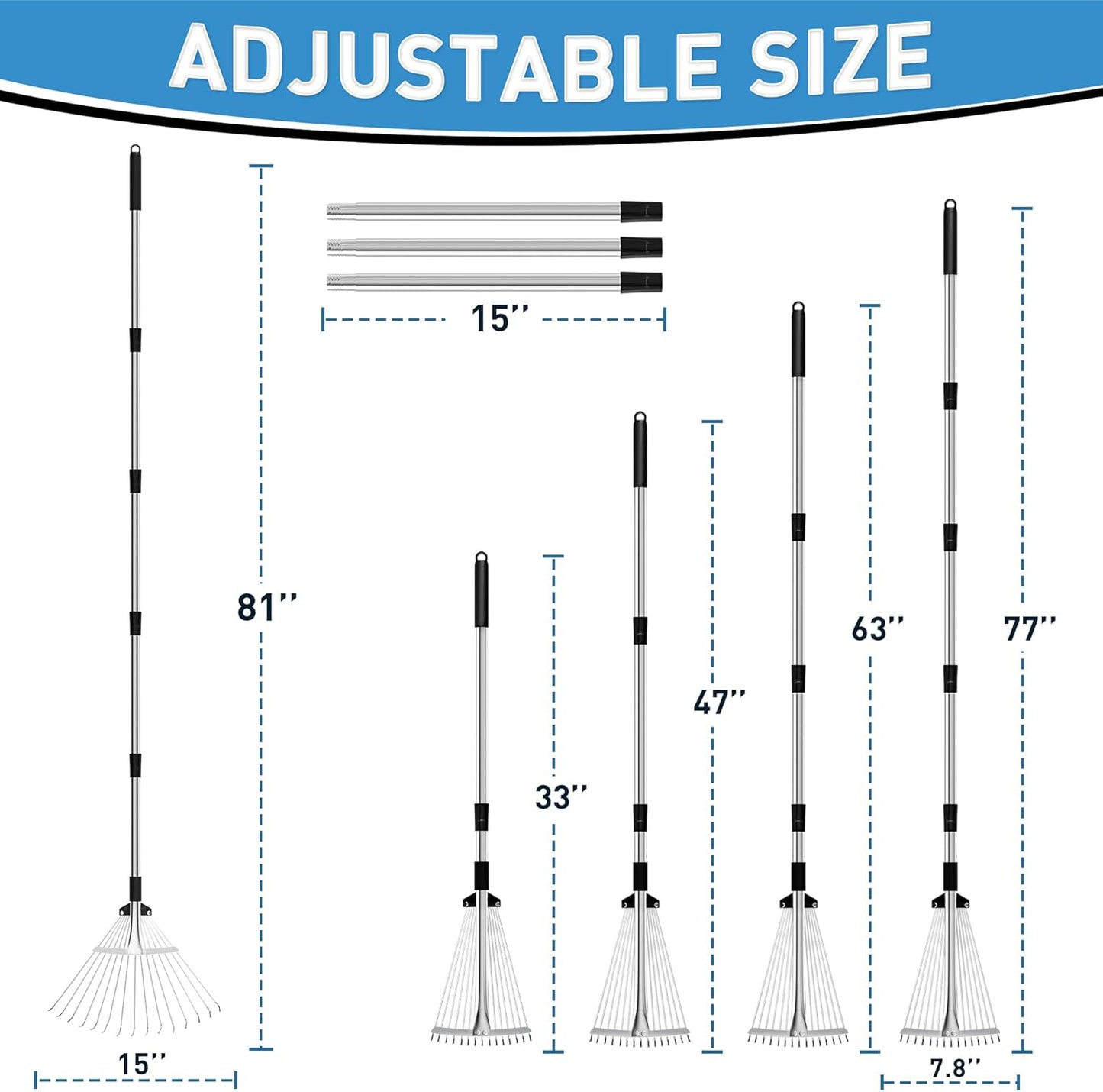Garden Rake for Leaves, Heavy Duty Metal Adjustable Leaf Rake for Lawns, Length 37"-81", Adjustable Expandable Head 8"-15", Garden Tools for Lawn Garden Yard Flowers Beds Bush